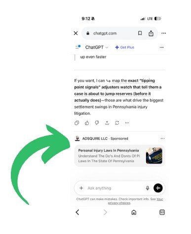 ADSQUIRE Creates Another Legal Marketing First By Being The First Ad Agency To Place A Lawyer Advertisement On ChatGPT screen shot 2026 05 09 at 7 43 47 pm